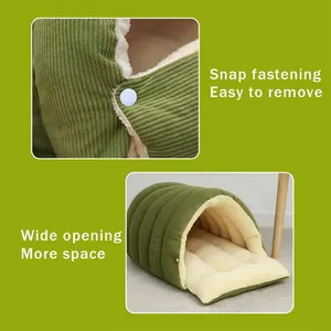 Cozy enclosed green winter cat bed with snap fastening and soft plush lining inside