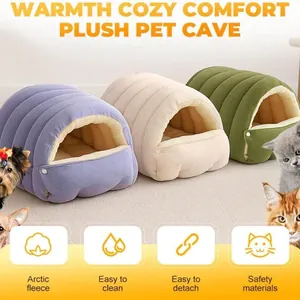 Cozy warm enclosed plush pet cave bed for cats and small dogs, removable and washable