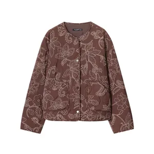 Damen Vintage Braun Blumen Stickerei Gesteppt Wattierte Jacke Lose Passform Rundhals Einreihig Casual Warmer Wattierter Mantel