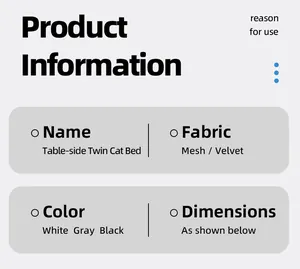 Produktspezifikationstabelle für Tisch-Katzenbett mit Stoff- und Farbdetails