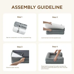 Four-step assembly guide for orthopedic memory foam dog sofa bed with grey cover
