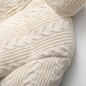 Detaillierte Makroansicht der hochwertigen cremefarbenen Zopfmuster-Struktur einer Winterjacke.