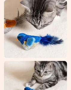 Detailed view of realistic blue plush bird cat toy with feathers and a curious tabby cat.