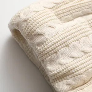 Makro-Detailansicht der hochwertigen cremefarbenen Zopfstrickstruktur eines warmen Wintermantels.