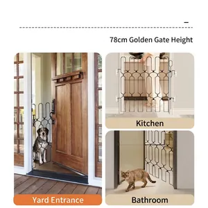 Metal extendable pet security gate for dogs and cats, 78cm height, shown in multiple scenes