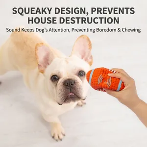 Durable squeaky orange football dog toy for molar cleaning, teething and boredom relief