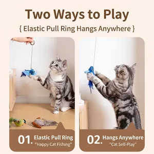 Interactive realistic bird cat toy with elastic pull ring for self-play and exercise