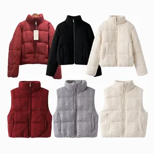Damen Zopfmuster Pufferjacke Mode Dick Warm Wattierte Weste Stehkragen Reißverschluss Einfarbig Locker Lässig Winteroberbekleidung Top