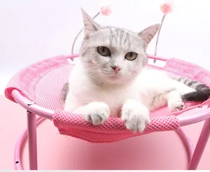 Detaillierte Ansicht einer weißen Katze auf einer rosa erhöhten Haustier-Hängematte.