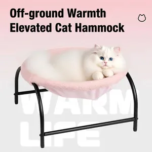 Elevated Cat Hammock Bed For Indoor Cats Off Ground Breathable Hanging Pet Bed Plush Wood Metal Frame Sturdy Resting Lounger Window Perch