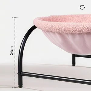Durable elevated cat hammock bed with sturdy black metal frame and soft pink plush fabric