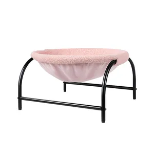 Durable elevated cat hammock bed featuring black metal frame and soft pink fleece fabric