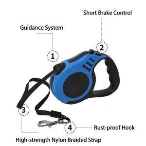 Durable retractable blue and black pet leash with high-strength nylon strap and rust-proof hook