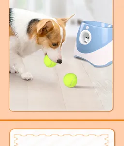 Interactive automatic dog ball launcher with tennis balls and Corgi dog in home setting