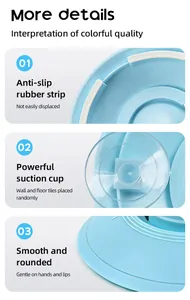 Detailweergave van de blauwe huisdiervoerbak met zuignap en antislip rubberen strips