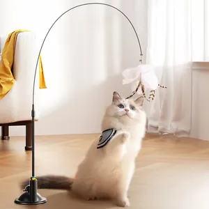 Durable suction cup cat teaser wand with flexible steel wire and fluffy feathers