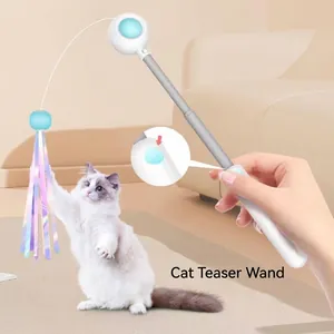 Professional retractable interactive cat teaser wand with laser pointer and iridescent tassels