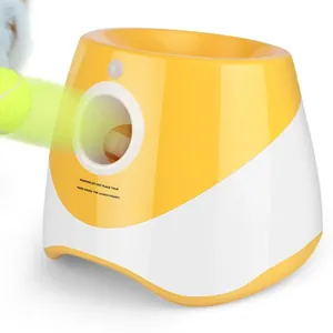 Automatic yellow and white tennis ball launcher for dogs, pet interactive play machine
