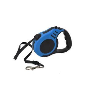 Ergonomic blue retractable pet leash with bone print pattern for walking dogs and cats