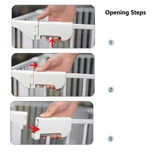 Step-by-step instruction showing how to open the indoor pet safety fence gate lock