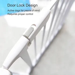 Indoor white metal safety gate for babies and pets featuring a secure slide lock mechanism