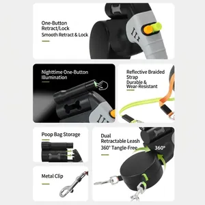 Dual retractable dog leash with LED light and 360-degree anti-tangle rotation mechanism