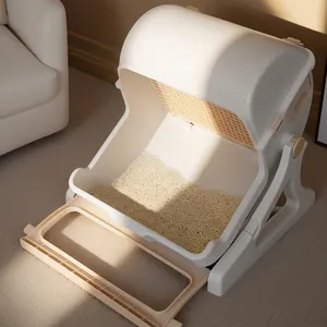 Large semi-automatic self-cleaning cat litter box with sifting design in cream white