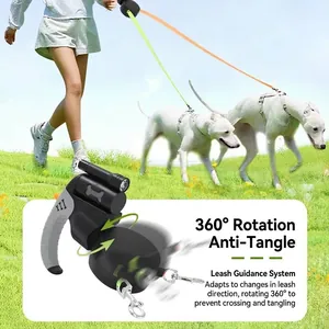 Automatic retractable dual dog leash with built-in LED light and 360° anti-tangle system