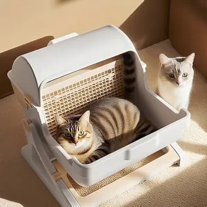 Large foldable semi-automatic cat litter box with spacious interior for adult cats