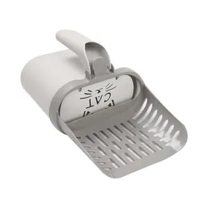 Integrated grey cat litter scoop set with waste container and cute cat face design