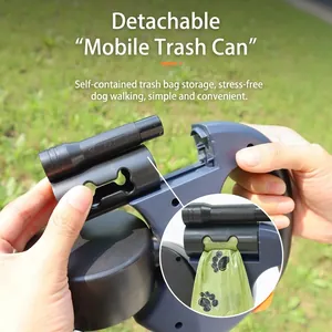 Multi-functional retractable dog leash with built-in flashlight and waste bag dispenser