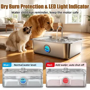 Detalle del bebedero de acero para mascotas con indicador LED de protección en seco.