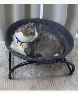 Erhöhtes atmungsaktives Katzenbett aus Mesh mit einer ruhenden Katze für den Sommer
