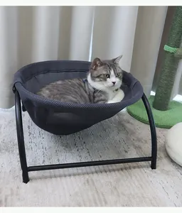 Detailansicht einer Hauskatze, die bequem in einem erhöhten, atmungsaktiven Netzhängemattenbett ruht