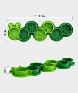 Détail du tapis de léchage chenille en silicone pour animaux avec dimensions et zones