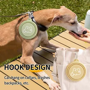 Portable collapsible silicone pet bowl with convenient hook for outdoor dog walking