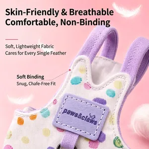 Soft breathable parrot harness with colorful polka dots and purple straps for birds