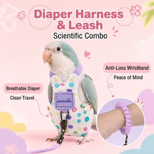Adjustable polka dot parrot flight suit diaper with purple safety leash and wrist strap