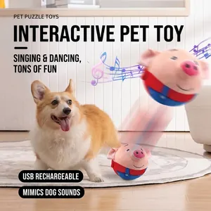 Interactive vibrating jumping pig ball dog toy with music and USB charging port.