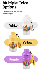 Detachable pet water and food bottle in white, yellow, and purple colors