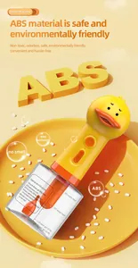 Detail view of the yellow duck pet bubble machine highlighting ABS material safety.