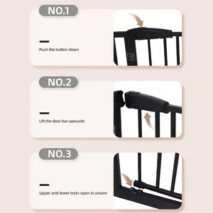 Operation guide for baby safety gate showing lock mechanism and opening steps