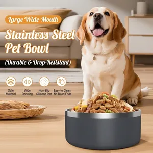 Double-layer thickened stainless steel dog bowl with non-slip base for large dogs
