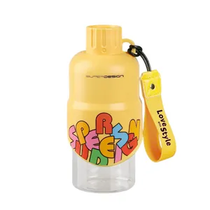 Portable pet split water bottle for dogs and cats with a stylish yellow carrying lanyard