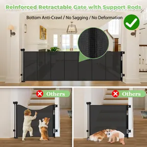 Black reinforced retractable baby gate with support rods for stairs and doorways