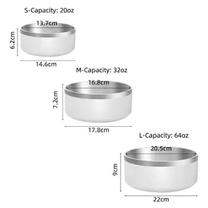 Double-wall stainless steel pet bowls in three sizes: 20oz, 32oz, and 64oz