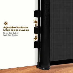 Retractable baby safety gate with adjustable hardware latch for stairs and walls