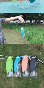 Portable leaf-shaped pet water bottles for dogs and cats in four vibrant colors for outdoor use.