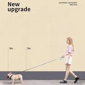 Automatic retractable dog leash with 5m length for small dogs, featured with a walking scene.