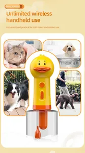 Yellow duck pet foaming machine for dogs and cats shown in various usage scenarios.